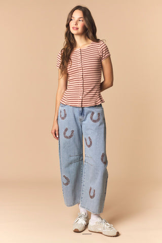 Horse Shoe Embroidery Denim Barrel Jeans • Light