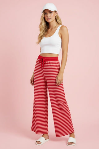 Delaney Wide Leg Drawstring Lounge Pants • Pink & Red Stripe