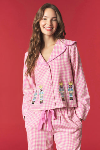 Gingham Embroidered Nutcracker Pajama Set • Pink