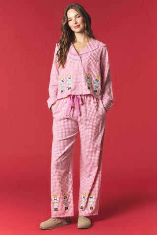 Gingham Embroidered Nutcracker Pajama Set • Pink