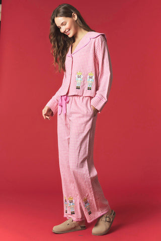Gingham Embroidered Nutcracker Pajama Set • Pink
