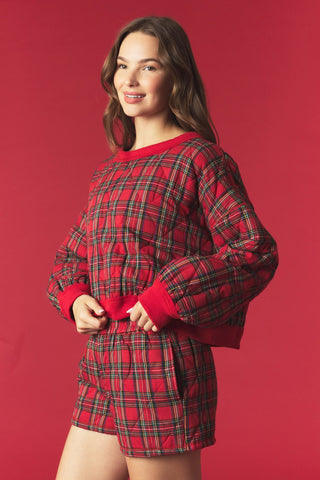 Tartan Check Quilted Sweatshirt & Shorts Set • Red