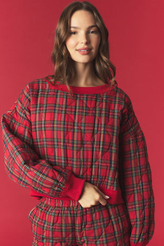 Tartan Check Quilted Sweatshirt & Shorts Set • Red