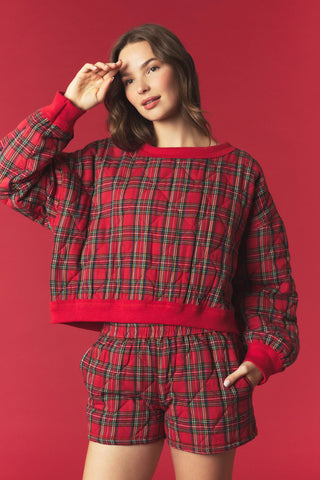 Tartan Check Quilted Sweatshirt & Shorts Set • Red