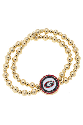 Georgia Bulldogs Pave Disc 2-Row Ball Bead Stretch Bracelet • Shiny Gold
