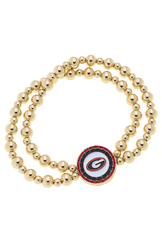 Georgia Bulldogs Pave Disc 2-Row Ball Bead Stretch Bracelet in Shiny Gold