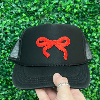 Youth Cutesie Red Bow Puff Trucker Hat • Black