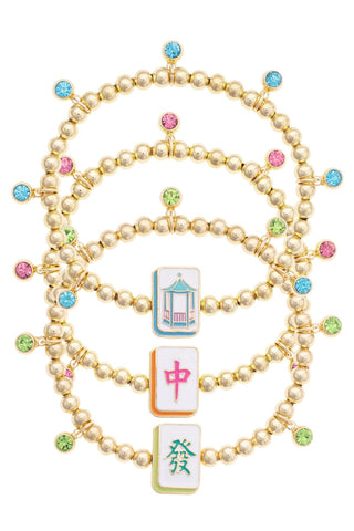 Mahjong Lucky Charms Ball Bead Bracelet Set of 3 • Gold