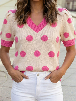 Willow Pink Polka Dot Puff Sleeve Sweater