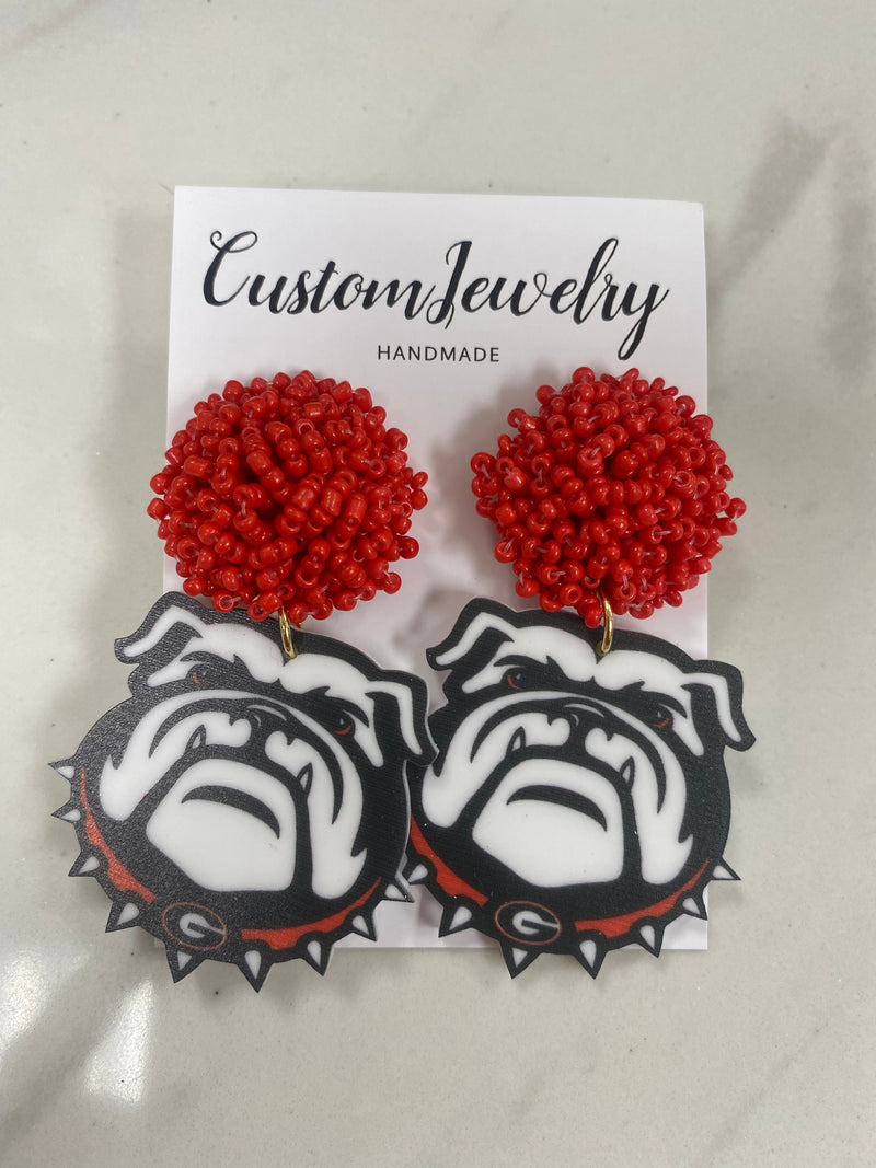 UGA Bulldog Acrylic Earrings • Red Beads