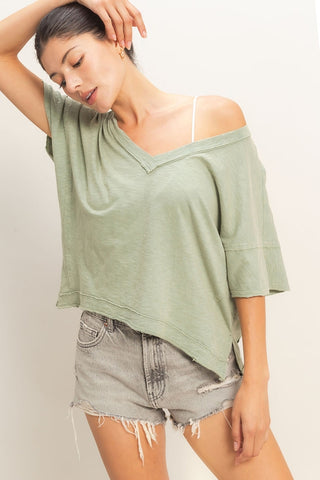 Alaina Oversized V-Neck Top • Sage Green