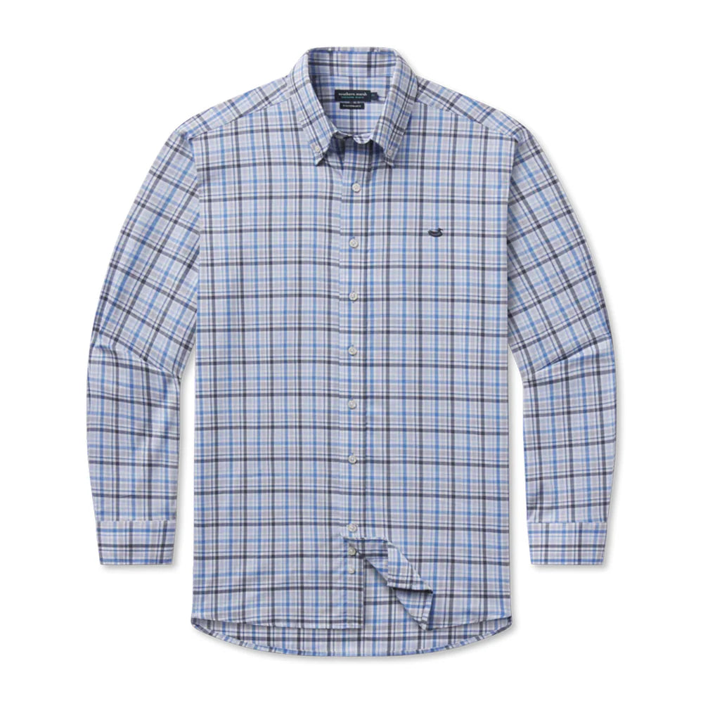 blue grid dress shirt Wrinkle-Resistant Stretch Twill Blue Grid Check Dress Shirt No Pocket / Premium Custom Buttons