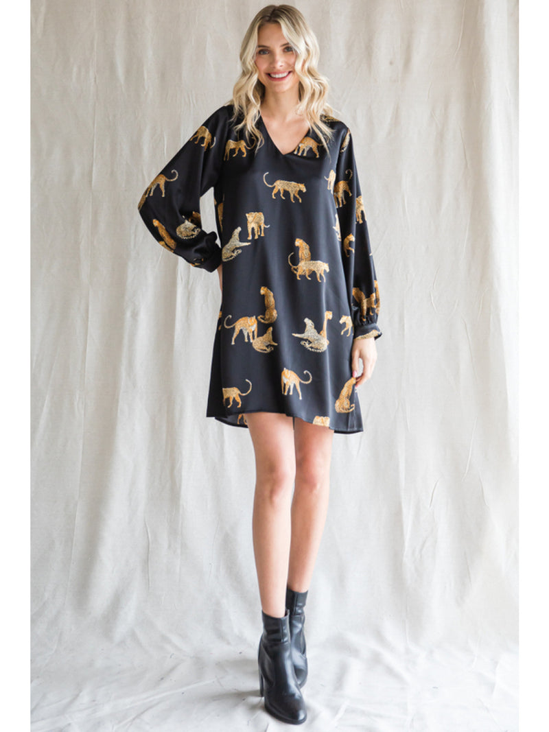 Carrie Long Sleeve Leopard Dress • Black