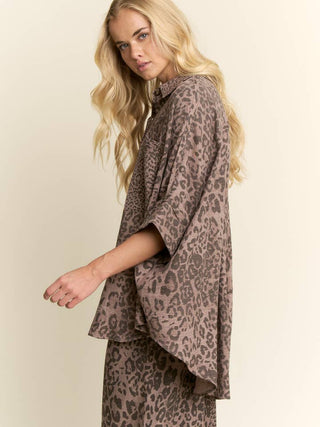 Animal Printed Ribbon Ruffle Sleeve Shirt Top • Mocha