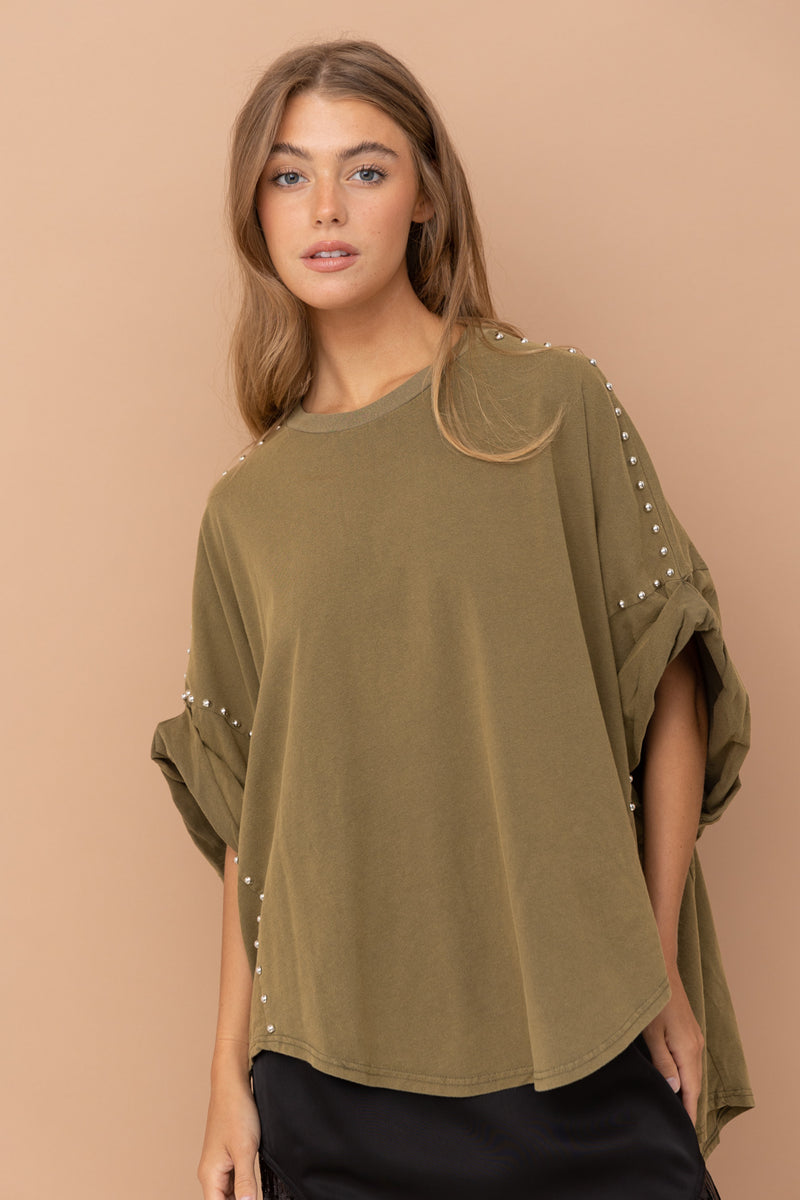Studded Over Sized High Low T Shirt • Olive