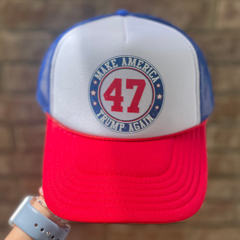 Trump 47 Puff Trucker Hat • Red + White + Blue