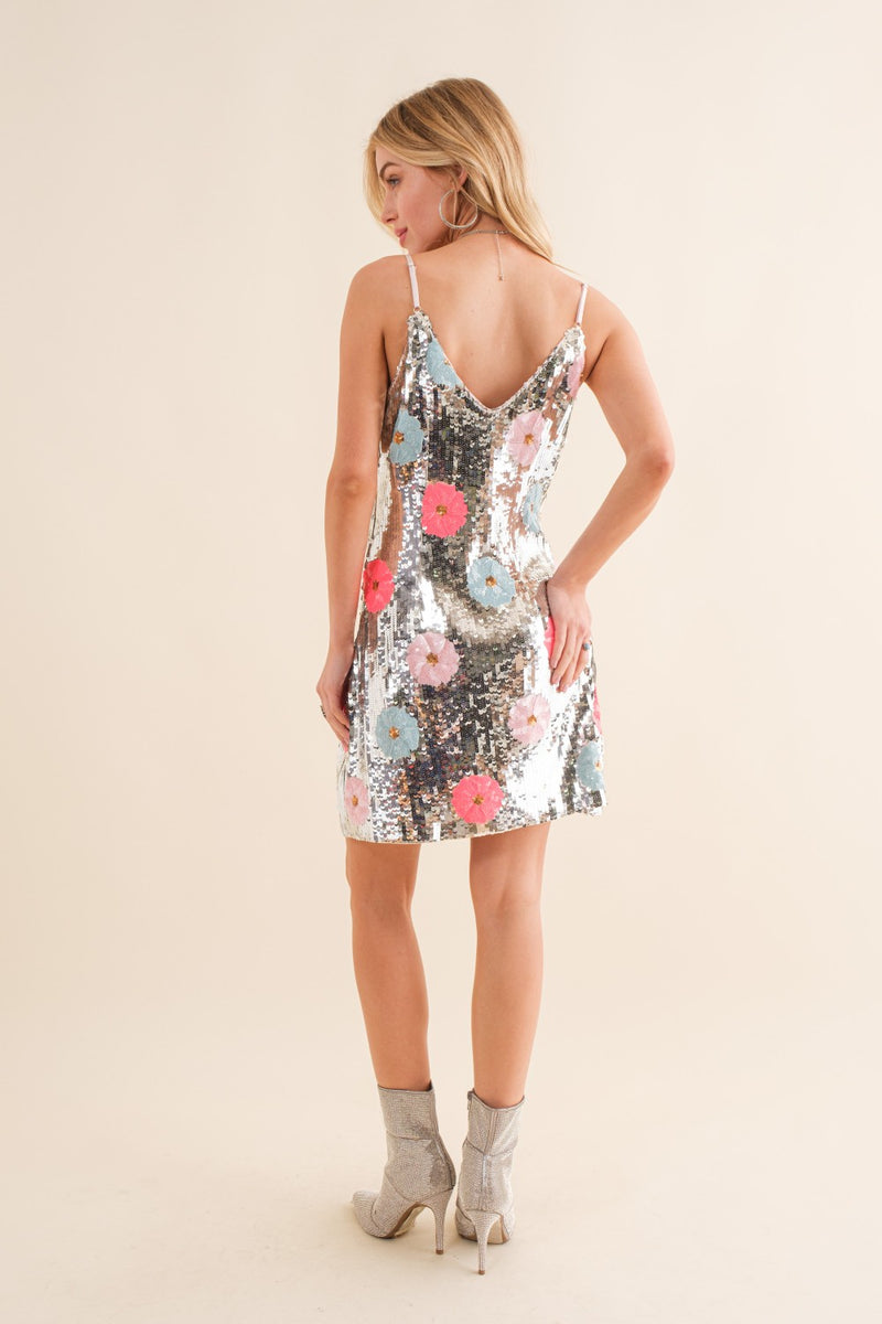 Sequin Flower Cami Mini Dress • Silver