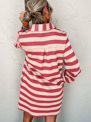 Collared V Neck Long Sleeve Casual Dress • Pink Stripe