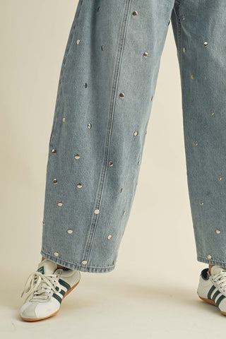 Studded Barrel Denim Pants • Light Denim