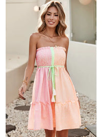 Smocked Strapless Mini Dress • Pink+Orange