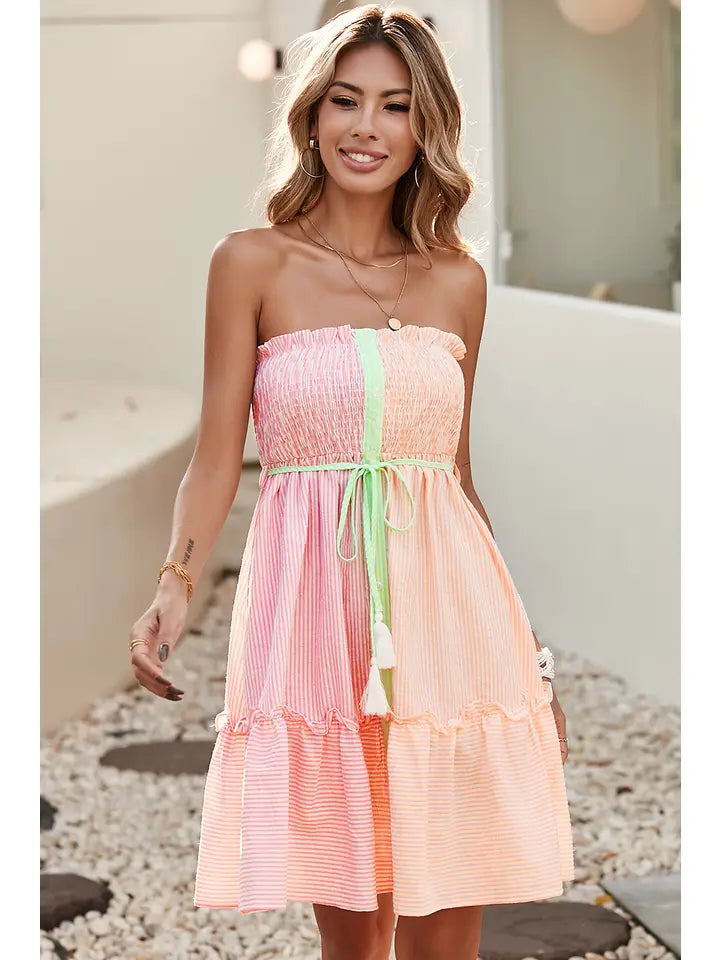 Smocked Strapless Mini Dress • Pink+Orange