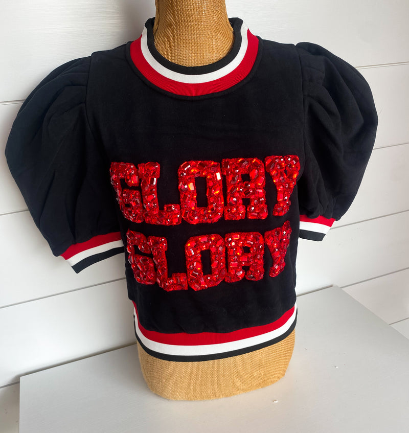 QOS Licensed Black Jeweled 'Glory Glory' Poof Sleeve Top