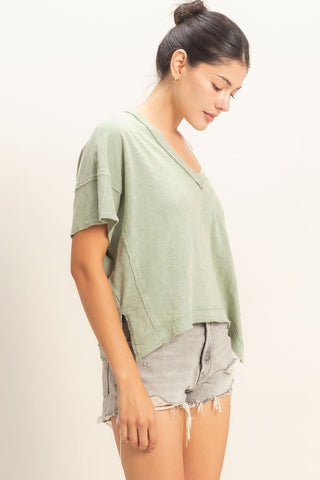 Alaina Oversized V-Neck Top • Sage Green
