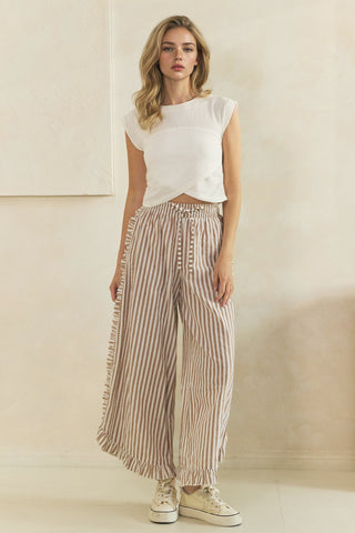 Breezy Stripe Linen Ruffle Pants • Mocha Ivory