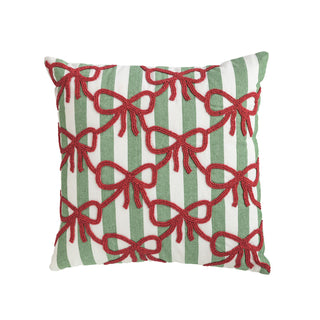 Square Christmas Bow Beaded Pillow • Green Stripe