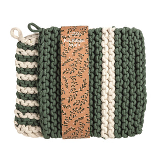 Double White & Green Stripe Pot Holder Set