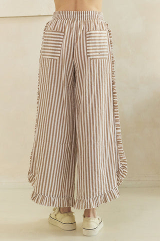 Breezy Stripe Linen Ruffle Pants • Mocha Ivory