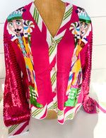 QOS Hot Pink Peppermint Nutcrackers Sequin Cardigan