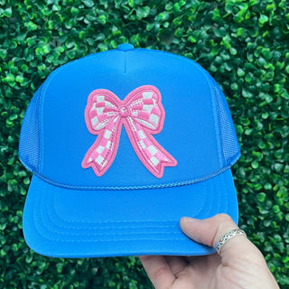Youth Checkered Cutesie Bow Puff Trucker Hat • Blue