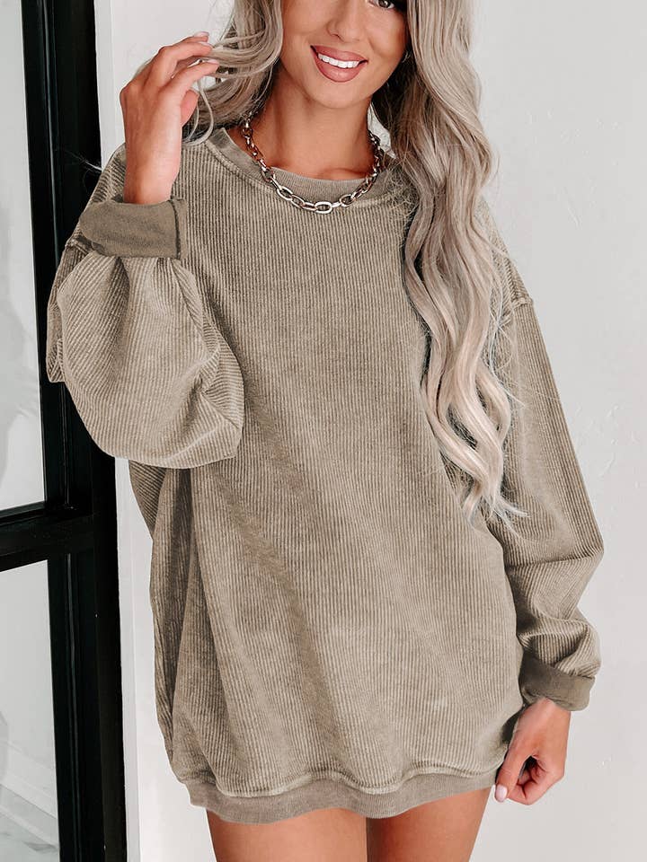 Your Main Squeeze • Ribbed Knit Neck Pullover Sweatshirt • Khaki