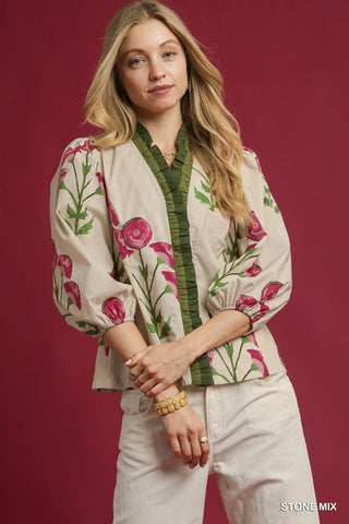 Irene Floral Print Ruffle Top • Stone Mix