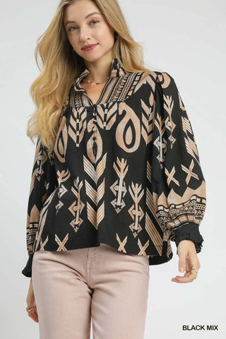 Aura Boho Print Ruffle Neck Blouse • Black
