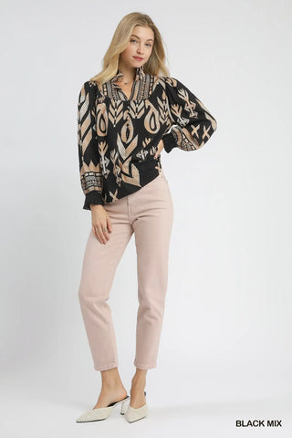 Aura Boho Print Ruffle Neck Blouse • Black