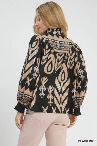Aura Boho Print Ruffle Neck Blouse • Black