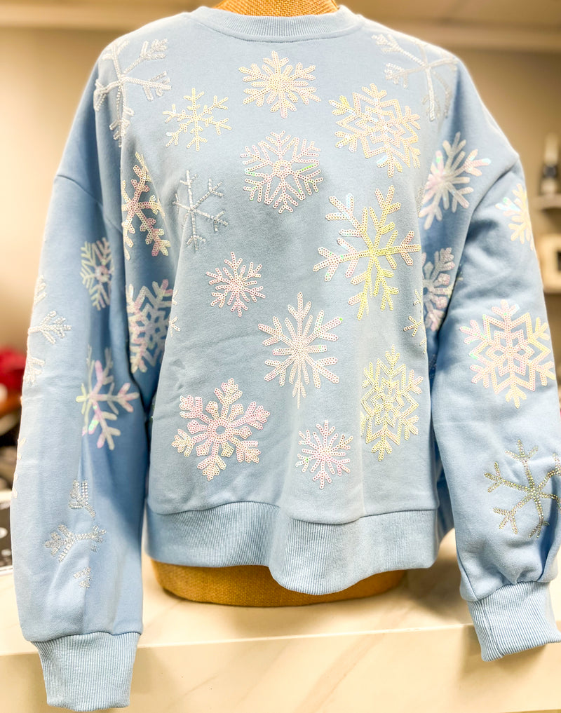 QOS Light Blue Iridescent Snowflake Sweatshirt