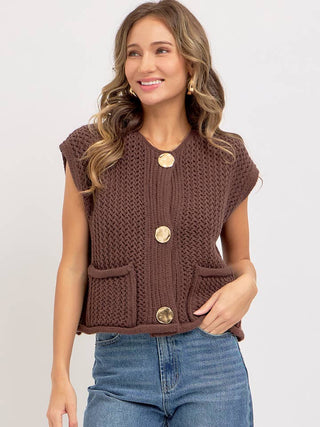 Mazie Button Closure Knit Vest Top • Brown