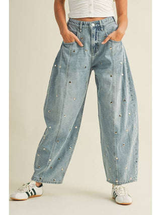 Studded Barrel Denim Pants • Light Denim