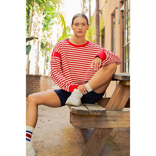 Striped Open Back Long Sleeve Top • Red + Ivory