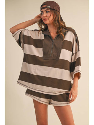 Stripe Me Away Oversized Top and Shorts Set • Brown
