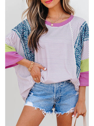 Floral Stripe Patchwork Bracelet Sleeve Top • Multi