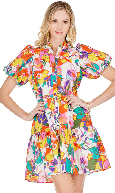 Puff Sleeve Button Tier Dress • Tropical Floral