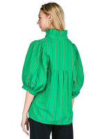 High Neck Puff Sleeve Top • Green Stripe