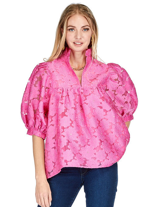 High Neck Puff Sleeve Top • Fuchsia Organza