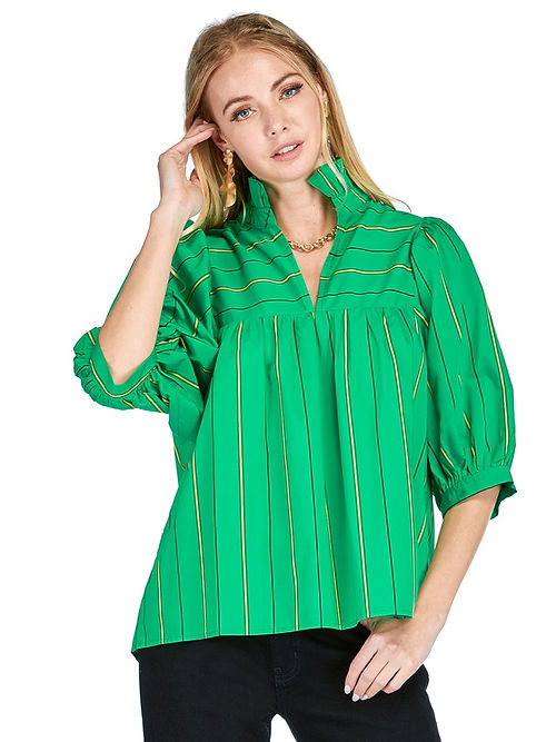 High Neck Puff Sleeve Top • Green Stripe