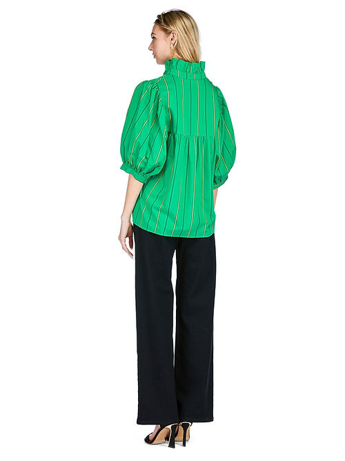 High Neck Puff Sleeve Top • Green Stripe