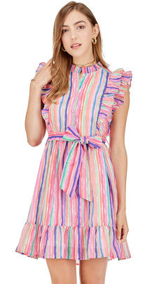 Ruffle Cinched Wasit Dress • Rainbow Stripe